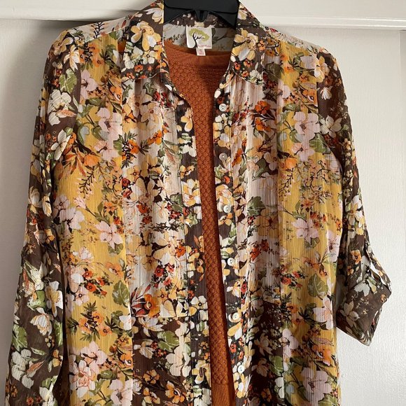 Anthro Fig & Flower Fall Floral Tab Sleeve Button Down Tunic Blouse S Semi Sheer - Picture 2 of 13